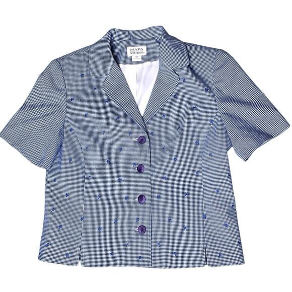 Napa Studio Button Jacket Size 12 Blue Check Embroidered Accents Lined 90s Vtg - Picture 4 of 10